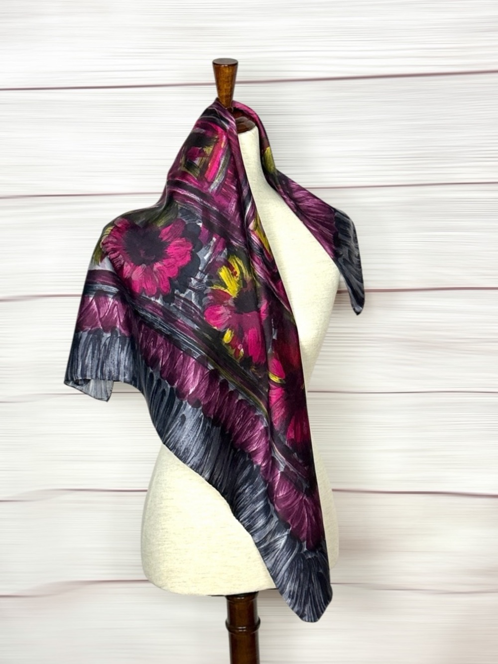 Vintage Hand Rolled Silk Scarf Abstract Floral Geometric Purple Pink Gray 29x29"